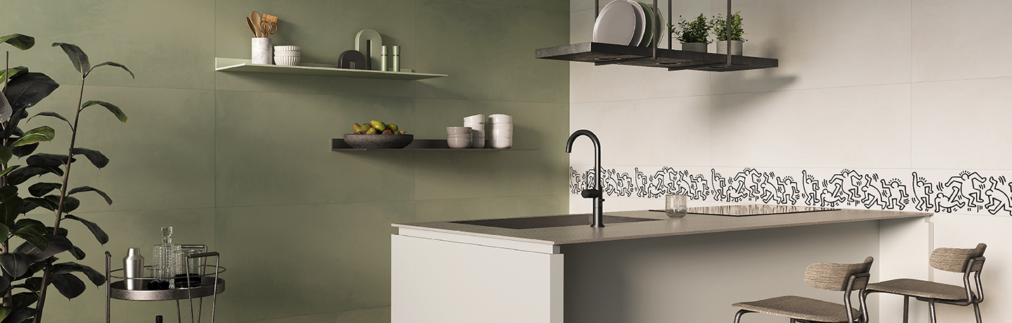 Keith Haring GFKHD613l-1-B + Rovere Almond R2 + Urban Cement White Alyssum  U0 + UrbanCement Local Green  U9